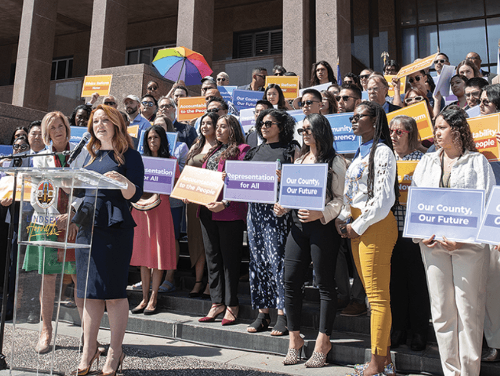 Supervisor Chair Lindsay Horvath and Supervisor Janice Hahn unveil their proposal for Measure G during a press conference held outside the Kenneth Hall of Administration on July 3rd. Photo courtesy of Beverly Hills Press.